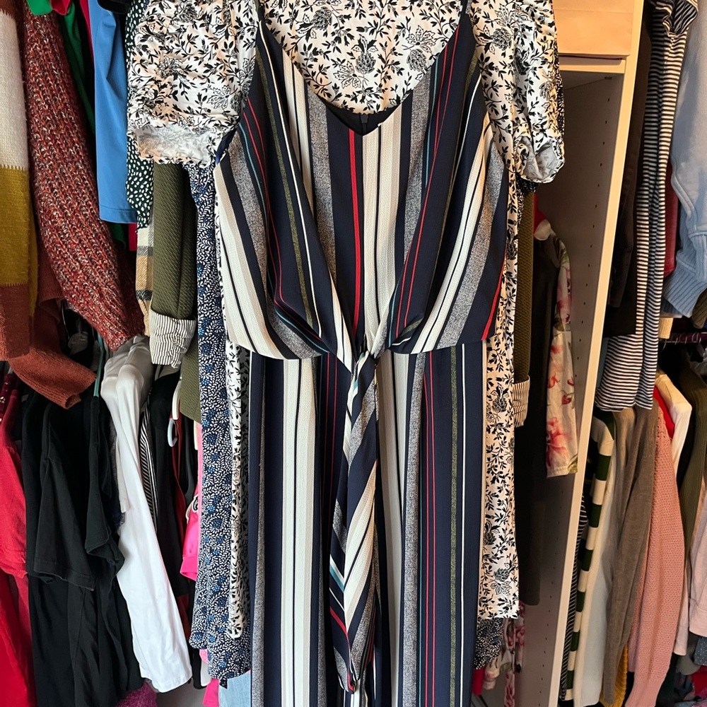 Navy Blue and Red Striped Pantsuit